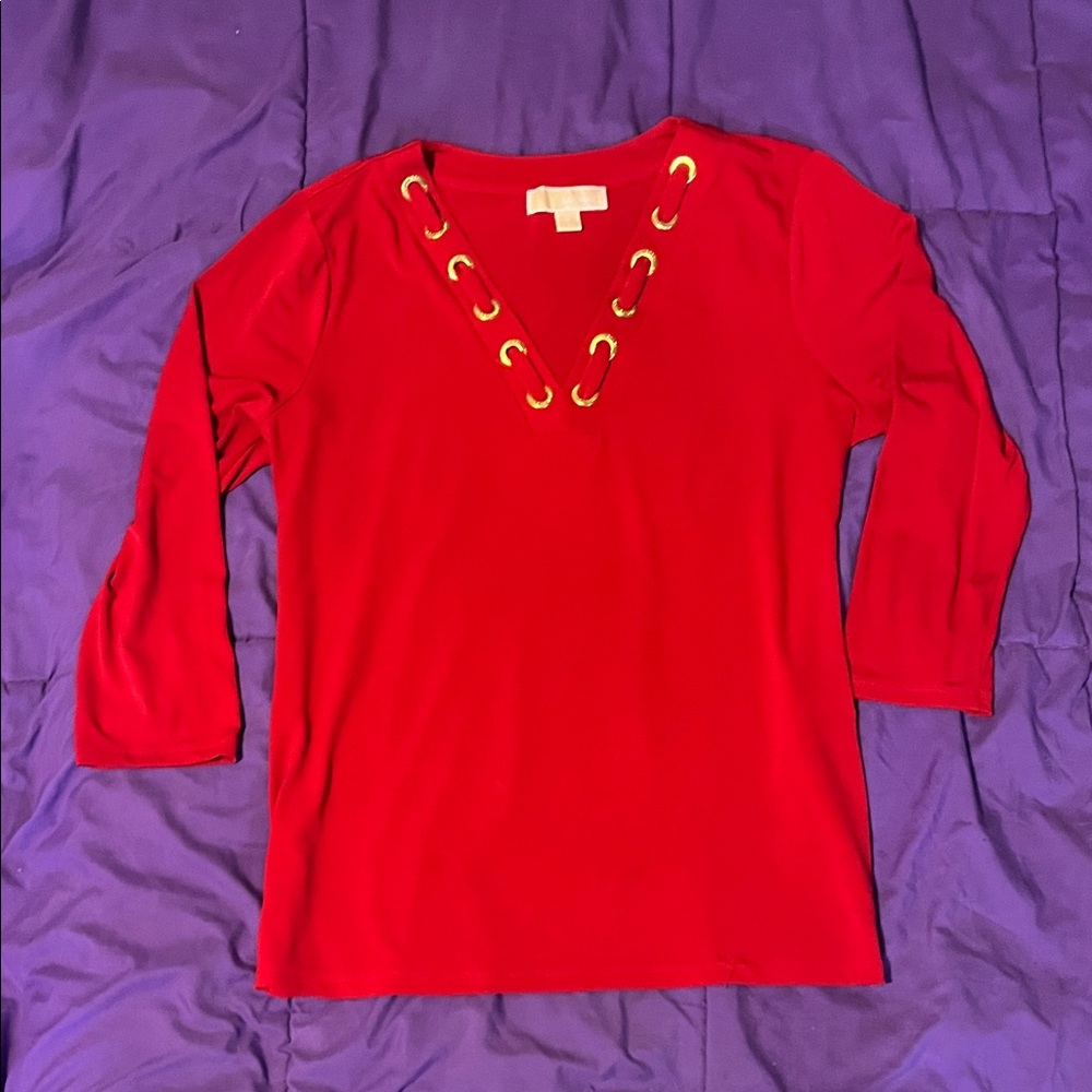 Michael Kors Red Long Sleeve Top with Gold Details